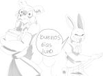  2020 anthro beastars book buenos_dias_x canid canine canis clothed clothing duo eyes_closed female fully_clothed fur haru_(beastars) hi_res holding_book holding_object humor juno_(beastars) lagomorph leporid mammal meme monochrome open_mouth open_smile psibunny rabbit smile spanking surprise wolf 
