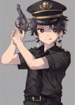  1boy :q arms_up artist_name black_headwear black_neckwear black_pants black_shirt brown_hair commentary_request dress_shirt earrings epaulettes grey_background gun handgun hat holding holding_gun holding_weapon jewelry kamado_tanjirou kimetsu_no_yaiba looking_to_the_side makura_(makura0128) male_focus necktie pants peaked_cap red_eyes revolver shirt simple_background solo tongue tongue_out twitter_username uniform upper_body weapon wing_collar 