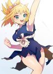  1girl abiko_yuuji arm_up armpits bangs bare_shoulders black_dress blonde_hair blue_eyes breasts clenched_hand commentary_request dr._stone dress hair_ornament highres kohaku_(dr._stone) large_breasts legs long_hair looking_at_viewer medium_breasts open_mouth ponytail rope rope_belt simple_background sleeveless sleeveless_dress solo upper_teeth white_background 