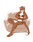  anthro armchair bra chair clothed clothing controller countershade_face countershade_torso countershading elis_(boxofkittens) felid female fingerless_(marking) fur furniture game_controller gaming hair long_hair mammal monochrome pantherine panties partially_clothed playing_videogame signature sitting smile solo striped_body striped_fur striped_tail stripes text thetiedtigress tiger toeless_(marking) underwear url 