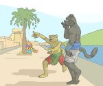  2006 anthro aztec biped black_body black_fur clothed clothing felid fur gombee group kemono male mammal outside pantherine sitting 