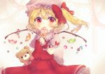  1girl absurdres arm_up blonde_hair blush candy candy_cane commentary covering_mouth cravat doily eyebrows_visible_through_hair flandre_scarlet floating_hair food gradient gradient_background hat hat_ribbon highres holding holding_candy holding_food holding_stuffed_animal lollipop looking_at_viewer mob_cap one_side_up petticoat pink_background pink_shirt puffy_short_sleeves puffy_sleeves red_eyes red_skirt red_vest ribbon shirt short_sleeves skirt solo stuffed_animal stuffed_toy suzukkyu swirl_lollipop teddy_bear touhou vest white_headwear wings wrist_cuffs yellow_neckwear 