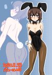  1girl animal_ears ass back-seamed_legwear bangs black_leotard black_neckwear bow bowtie breasts brown_eyes brown_hair brown_legwear bunny_ears bunny_girl bunny_tail bunnysuit cleavage commentary_request dated detached_collar feet_out_of_frame girls_und_panzer large_breasts leotard looking_at_viewer nishizumi_maho oosaka_kanagawa pantyhose seamed_legwear short_hair solo standing strapless strapless_leotard tail wrist_cuffs zoom_layer 