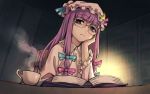  1girl bespectacled book chair chin_rest commentary_request cup glasses hair_ribbon hat long_hair looking_at_viewer meimaru_inuchiyo mob_cap nightgown patchouli_knowledge purple_eyes purple_hair ribbon solo table touhou 