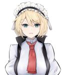  1girl black_vest blonde_hair braid breasts commentary_request eyebrows_visible_through_hair g36_(girls_frontline) girls_frontline green_eyes hairband highres looking_at_viewer maid_headdress medium_hair nakaryo0404 necktie open_mouth red_neckwear shirt solo vest white_background white_shirt 