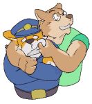  2005 anthro brown_body brown_fur canid canine canis clothing domestic_dog duo fur gombee hat headgear headwear hug kemono low_res male mammal police police_hat police_uniform shirt simple_background topwear uniform white_background 