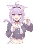  1girl :3 :d ahoge animal_ears blush cat_ears cat_tail collarbone commentary_request crop_top eyebrows_visible_through_hair fang hair_between_eyes hairband hololive long_sleeves looking_at_viewer navel nekomata_okayu open_mouth paw_pose purple_eyes purple_hair sailor_collar simple_background smile solo tail uchukurage_san virtual_youtuber white_background 