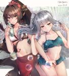  2girls artist_name bikini bikini_skirt bottle breasts brown_eyes brown_hair cherry_blossoms cleavage collarbone dated flat_chest flower frilled_bikini frills green_bikini grey_hair hair_flower hair_ornament headgear highres himeyamato kantai_collection kasumi_(kantai_collection) long_hair looking_at_viewer medium_breasts multiple_girls ponytail ramune red_sarong sarong side_ponytail swimsuit white_bikini yamato_(kantai_collection) 