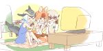  3girls adjusting_eyewear animal_ears bare_legs bare_shoulders barefoot black_hair blonde_hair blowhole blue_dress blue_hair bow bowtie brown_gloves brown_hair brown_skirt clenched_hands commentary_request dhole_(kemono_friends) dog_ears dog_girl dog_tail dolphin_tail dorsal_fin dress extra_ears eyebrows_visible_through_hair glasses gloves grey_hair grey_sweater highres japari_symbol kemono_friends kemono_friends_3 light_brown_hair long_sleeves meerkat_(kemono_friends) meerkat_ears multicolored_hair multiple_girls pleated_skirt pointing sailor_collar sailor_dress seiza shirt sitting sitting_on_floor skirt sleeveless sleeveless_dress sweater tail television thighhighs uubira_nu_issha white_shirt yellow_eyes yellow_neckwear zettai_ryouiki 