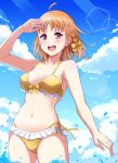  1girl :d antenna_hair bangs bare_arms bikini blue_sky blush bow bow_bikini braid breasts cleavage cloud collarbone eyebrows_visible_through_hair frill_trim hair_bow halterneck hand_over_eye highres in_water looking_at_viewer love_live! love_live!_sunshine!! medium_breasts medium_hair nail_polish navel open_mouth orange_hair outdoors parted_bangs qy red_eyes side-tie_bikini sky sleeveless smile solo sunlight swimsuit takami_chika upper_teeth water water_drop yellow_bikini yellow_bow 