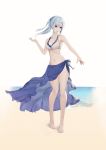  1girl bare_legs bare_shoulders barefoot beach bikini blue_hair breasts character_request cleavage collarbone eyebrows_visible_through_hair highres legs long_hair looking_at_viewer medium_breasts navel original ponytail purple_eyes solo sotomie stomach swimsuit water white_background white_bikini white_swimsuit 