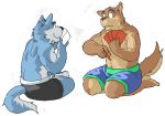  2005 anthro black_nose blue_body blue_fur bottomwear brown_body brown_fur canid canine canis clothing domestic_dog duo fur gombee kemono male mammal shorts simple_background sitting white_background 