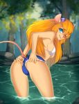  2020 absurd_res anthro blonde_hair blue_eyes blurred_background breasts chip_&#039;n_dale_rescue_rangers clothed clothing detailed_background disney eyewear female fur gadget_hackwrench goggles hair hi_res light lighting looking_at_viewer looking_back looking_back_at_viewer mammal midriff mouse murid murine one_eye_closed outside partially_submerged rodent solo tan_body tan_fur tree water zhadart 