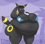  anthro anthrofied beach beverage bikini black_body black_fur breasts chocend clothed clothing cup drinking eeveelution eyewear female fur hi_res holding_object morbidly_obese morbidly_obese_anthro morbidly_obese_female nintendo obese obese_anthro obese_female overweight overweight_anthro overweight_female pok&eacute;mon pok&eacute;mon_(species) seaside smile solo straw sunglasses swimwear thick_thighs umbreon video_games 