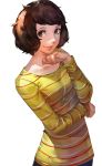  1girl bangs blazpu breasts brown_eyes brown_hair collarbone highres horizontal_stripes kawakami_sadayo lips looking_at_viewer nose persona persona_5 scoop_neck shirt short_hair small_breasts smile solo standing striped striped_shirt upper_body white_background 
