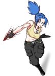  1girl bangs bare_shoulders black_pants blue_eyes blue_hair boots breasts dog_tags earrings eron fighting_stance full_body gloves high_ponytail highres jewelry leona_heidern navel pants solo spiked_hair tank_top the_king_of_fighters white_background yellow_tank_top 