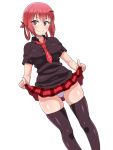  1girl ass_visible_through_thighs bat_hair_ornament black_legwear black_shirt blush breasts closed_mouth commentary_request covered_nipples dutch_angle elf_k eyebrows_visible_through_hair gabriel_dropout hair_ornament hair_rings head_tilt highres kurumizawa_satanichia_mcdowell large_breasts looking_at_viewer necktie panties pink_eyes plaid plaid_skirt red_hair red_neckwear red_skirt school_uniform shirt short_sleeves simple_background skirt skirt_lift smile solo standing striped striped_panties thighhighs underwear 