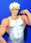  1boy archer bara brown_eyes chest covered_abs covered_navel dark_skin dark_skinned_male fate/grand_order fate/stay_night fate_(series) glasses highres holding holding_clothes holding_shirt male_focus muscle pectorals shirt shirtless short_hair smile solo summer_casual_(fate/grand_order) tank_top waku_(ayamix) white_hair 