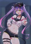  1girl absurdres blurry blurry_background blush breasts cleavage collarbone cromwellb fang green_eyes hair_ornament hairclip hat highres hololive jacket long_hair looking_at_viewer navel purple_hair shorts tokoyami_towa twintails v virtual_youtuber 