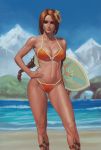  1girl bare_shoulders beach bikini blue_sky braid brown_eyes brown_hair closed_mouth collarbone fingernails g21mm hand_on_hip highres holding holding_surfboard league_of_legends leona_(league_of_legends) long_hair mountain ocean orange_bikini outdoors sand signature sky solo standing surfboard swimsuit water 