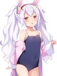 1girl animal_ears azur_lane blue_swimsuit bunny_ears coat competition_school_swimsuit covered_navel fake_animal_ears hairband laffey_(azur_lane) long_hair off_shoulder one-piece_swimsuit open_mouth pink_coat red_eyes school_swimsuit silver_hair simple_background solo swimsuit thighs tiger_rmn twintails very_long_hair white_background 