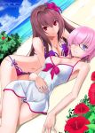  2girls beach bikini bow breasts cleavage cloud cloudy_sky collarbone commentary_request day dress_swimsuit fate/grand_order fate_(series) flower glasses hair_flower hair_intakes hair_ornament hair_over_one_eye hibiscus large_breasts lavender_hair looking_at_viewer lying mash_kyrielight multiple_girls navel ocean pink_bikini pink_bow purple_bikini purple_eyes purple_hair red_eyes scathach_(fate)_(all) scathach_(swimsuit_assassin)_(fate) shirotsumekusa short_hair sky smile swimsuit swimsuit_of_perpetual_summer white_swimsuit 