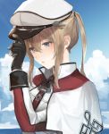  1girl black_gloves blonde_hair capelet cloud day gloves graf_zeppelin_(kantai_collection) hair_between_eyes hat highres kantai_collection long_hair long_sleeves military military_uniform open_mouth peaked_cap purple_eyes sha_(isago) sidelocks solo sweat twintails uniform upper_body 