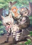  &gt;_&lt; 3girls aardwolf_(kemono_friends) aardwolf_ears aardwolf_girl aardwolf_print aardwolf_tail all_fours animal_ears bare_shoulders biting black_hair black_neckwear boots brown_neckwear closed_eyes collared_shirt commentary_request ctake02 deer_antlers deer_ears deer_print deer_tail elbow_gloves flying_sweatdrops gloves grey_hair habu_(kemono_friends) hands_in_pockets hood hoodie kemono_friends kemono_friends_3 light_brown_hair long_sleeves mucchiri_shiitake multicolored_hair multiple_girls neck_ribbon necktie official_art open_mouth pantyhose pleated_skirt polearm ponytail print_footwear print_gloves print_hoodie print_legwear print_skirt purple_neckwear ribbon sailor_collar shirt short_hair short_sleeves short_twintails sika_deer_(kemono_friends) skirt sleeveless snake_print snake_tail spear tail twintails weapon white_hair 