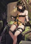  1girl arknights bandeau bangs bare_legs bare_shoulders black_gloves black_hair black_scarf blunt_bangs breasts caijidayisheng chinese_commentary cleavage commentary_request eunectes_(arknights) feet_out_of_frame gloves goggles goggles_on_head holding holding_wrench looking_at_viewer midriff partial_commentary pointy_ears purple_eyes scarf short_hair sitting small_breasts snake_tail solo stomach strapless tail thigh_strap thighs tubetop wrench 
