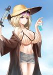  1girl animal_ear_fluff animal_ears aqua_nails arknights bangs bare_shoulders bikini blonde_hair blue_sky braid breasts brown_jacket commentary cowboy_shot cup day drinking_glass eyewear_on_head grey_shorts hands_up hat highres holding holding_cup jacket large_breasts long_sleeves nail_polish navel off_shoulder open_clothes open_jacket outdoors purple_eyes rankketer short_hair short_shorts shorts single_braid sky smile solo standing stomach striped striped_bikini sun_hat sunglasses swimsuit thighs utage_(arknights) vertical-striped_bikini vertical_stripes wide_sleeves 