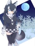  animal_ears artist_request black_hair blue_eyes blush breast_pocket breasts eyebrows_visible_through_hair full_moon fur_collar gloves gradient gradient_legwear grey_wolf_(kemono_friends) hand_on_hip heterochromia highres kemono_friends large_breasts moon multicolored_hair plaid_neckwear pocket tail two-tone_hair white_gloves white_hair wolf_ears wolf_girl wolf_tail yellow_eyes 