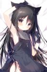  1girl :o animal_ear_fluff animal_ears arm_up armpits bangs bare_arms bare_shoulders bed_sheet black_dress black_gloves black_hair blush cat_ears commentary_request dress eyebrows_visible_through_hair frilled_dress frills gloves grey_eyes hair_between_eyes highres hoshizora_tetsudou_to_shiro_no_tabi latin_cross long_hair looking_at_viewer parted_lips shiratama_(shiratamaco) sleeveless sleeveless_dress solo very_long_hair 