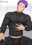  1boy abs bara bulge chest fate/grand_order fate_(series) kakenari knights_of_the_round_table_(fate) lancelot_(fate/grand_order) male_focus midriff_peek muscle nipples pectorals purple_eyes purple_hair shiny shiny_hair shiny_skin short_hair smile solo thick_thighs thighs tight twitter_username upper_body 