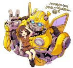  1boy 1girl autobot blue_eyes brown_eyes brown_hair bumblebee bumblebee_(film) charlie_watson chibi highres holding_person kyarara_renan looking_up transformers transformers_(live_action) v 