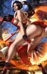  1girl artist_name ass bangs bare_shoulders black_hair black_legwear breasts fan fatal_fury fire folding_fan high_ponytail large_breasts leaning_forward long_hair moon ninja parted_bangs pelvic_curtain ponytail revealing_clothes rope shiranui_mai sideboob the_king_of_fighters thighs wrist_cuffs yichimo 