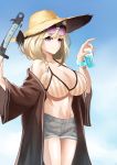  1girl animal_ear_fluff animal_ears aqua_nails arknights bangs bare_shoulders bikini blonde_hair blue_sky braid breasts brown_jacket commentary cowboy_shot cup day drinking_glass eyewear_on_head grey_shorts hands_up hat highres holding holding_cup jacket large_breasts long_sleeves nail_polish navel off_shoulder open_clothes open_jacket outdoors purple_eyes rankketer revision short_hair short_shorts shorts single_braid sky smile solo standing stomach striped striped_bikini sun_hat sunglasses swimsuit thighs utage_(arknights) vertical-striped_bikini vertical_stripes wide_sleeves 
