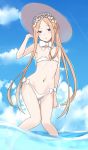 1girl abigail_williams_(fate/grand_order) absurdres bare_legs bare_shoulders blonde_hair blue_eyes blue_sky braid cloud fate/grand_order fate_(series) flat_chest french_braid hat highres long_hair looking_at_viewer navel open_mouth partially_submerged saku_(kudrove) sky solo water 