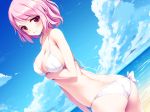  ass beach bikini blush breast_hold clouds ke-ta pink_hair saigyouji_yuyuko short_hair sky swimsuit touhou water 