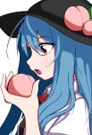  1girl absurdres bangs black_headwear blue_hair bow bowtie celestial collared_shirt eyebrows_visible_through_hair food fruit hair_between_eyes highres hinanawi_tenshi holding holding_food holding_fruit long_hair open_mouth peach pink_eyes red_bow red_neckwear shirt simple_background solo touhou upper_body usuyaki white_background white_shirt 