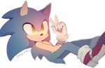  1boy animal_ears artist_name blue_hair blurry blush closed_mouth commentary depth_of_field english_commentary furry gloves green_eyes hand_up happy heart leg_up light_blush long_hair male_focus reclining red_footwear shoes signature simple_background sketch smile solo sonic sonic_the_hedgehog spacecolonie tail v white_background white_gloves 
