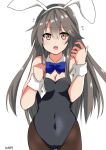  1girl :o alternate_costume animal_ears bare_shoulders blue_neckwear bow bowtie breasts bunny_ears bunny_girl bunnysuit cleavage commentary_request cowboy_shot eyebrows_visible_through_hair fake_animal_ears grey_hair hair_ornament hairclip haruna_(kantai_collection) hinase_(jet_hearts) kantai_collection leotard long_hair looking_at_viewer signature simple_background solo white_background wrist_cuffs 