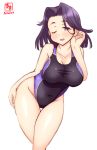  1girl artist_logo black_swimsuit breasts cleavage competition_swimsuit covered_navel cowboy_shot crossed_legs dated eyebrows hand_on_hip highres kanon_(kurogane_knights) kantai_collection large_breasts looking_at_viewer medium_hair one-piece_swimsuit one_eye_closed open_mouth purple_eyes purple_hair purple_swimsuit short_hair signature simple_background smile solo swimsuit tatsuta_(kantai_collection) white_background 