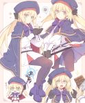  1girl artoria_pendragon_(all) artoria_pendragon_(caster) beret black_gloves black_legwear blonde_hair bow chibi chocolate cloak cup drooling fate/grand_order fate_(series) gloves green_eyes hat highres pantyhose saipaco smile spoken_squiggle squiggle staff steam twintails wavy_mouth 