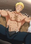  1boy abs bara beowulf_(fate/grand_order) blonde_hair bulge chest facial_hair fate/grand_order fate_(series) goatee kakenari male_focus muscle nipples pectorals red_eyes scar shiny shiny_hair shiny_skin shirtless short_hair solo tattoo thick_thighs thighs twitter_username upper_body 