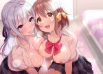  2girls bow breasts nipples no_bra open_shirt original school_uniform tsukana_(saba_mizore) 