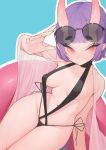  1girl absurdres arm_up black_swimsuit blue_background blush covered_nipples eyebrows_visible_through_hair eyewear_on_head fate/grand_order fate_(series) fingernails highres horns innertube navel oni_horns outline parted_lips pink_eyes purple_hair rabbit_(wlsdnjs950) see-through short_hair shuten_douji_(fate/grand_order) simple_background sitting solo sunglasses swimsuit white_outline 