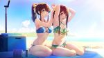  2girls armpits bare_legs barefoot beach bikini bikini_bottom bikini_top blue_bikini blue_eyes breasts brown_eyes brown_hair cooking green_bikini hairband highres idolmaster idolmaster_million_live! long_hair medium_breasts medium_hair multiple_girls nanaran ocean ponytail red_eyes ribbon sand sandals satake_minako swimsuit tanaka_kotoha umbrella 