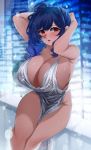  1girl arms_behind_head azur_lane backless_dress backless_outfit bangs bare_shoulders blue_hair blush breasts cleavage dress evening_gown grey_dress hair_ornament hairclip halter_dress huge_breasts parted_lips plunging_neckline red_eyes revealing_clothes side_ponytail sidelocks silver_dress sitting st._louis_(azur_lane) st._louis_(luxurious_wheels)_(azur_lane) sumisumii thighs 