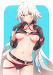  1girl absurdres ahoge ass_visible_through_thighs belt bikini black_belt black_bikini black_gloves black_jacket blue_background blush border bra bra_lift breasts breasts_apart collarbone commentary_request fate/grand_order fate_(series) gloves highres jacket jeanne_d&#039;arc_(alter_swimsuit_berserker) jeanne_d&#039;arc_(fate)_(all) long_hair looking_at_viewer medium_breasts momo_ama_kami navel shrug_(clothing) silver_hair smile solo swimsuit thigh_gap underwear very_long_hair white_border yellow_eyes 