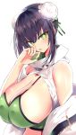  1girl bangs bare_shoulders bikini black_hair blush breasts bun_cover chainsaw_of_the_dead cleavage double_bun fate/grand_order fate_(series) green_bikini green_eyes green_ribbon hanasaka_houcha highres jacket large_breasts long_sleeves looking_at_viewer off_shoulder open_clothes open_jacket open_mouth qin_liangyu_(fate) ribbon sidelocks simple_background swimsuit tearing_up white_background white_jacket 